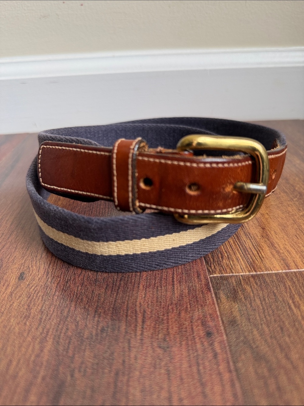 VTG GAP Belt Cotton Webbing Leather Solid Brass Buckle Preppy 80s Unisex 36